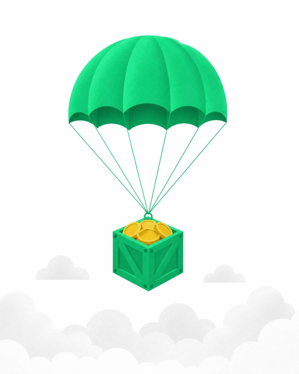 Green parachute dropping a crate of coins